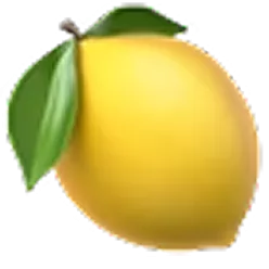 Cartoon lemon with two green leaves attached.