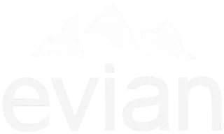 The white logo for Evian, featuring three mountain peaks above the wordmark on a transparent background.