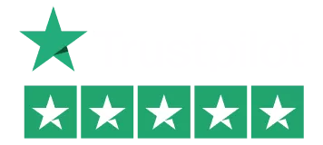 Trustpilot-logo, jonka alla on viisi vihreää tähteä.