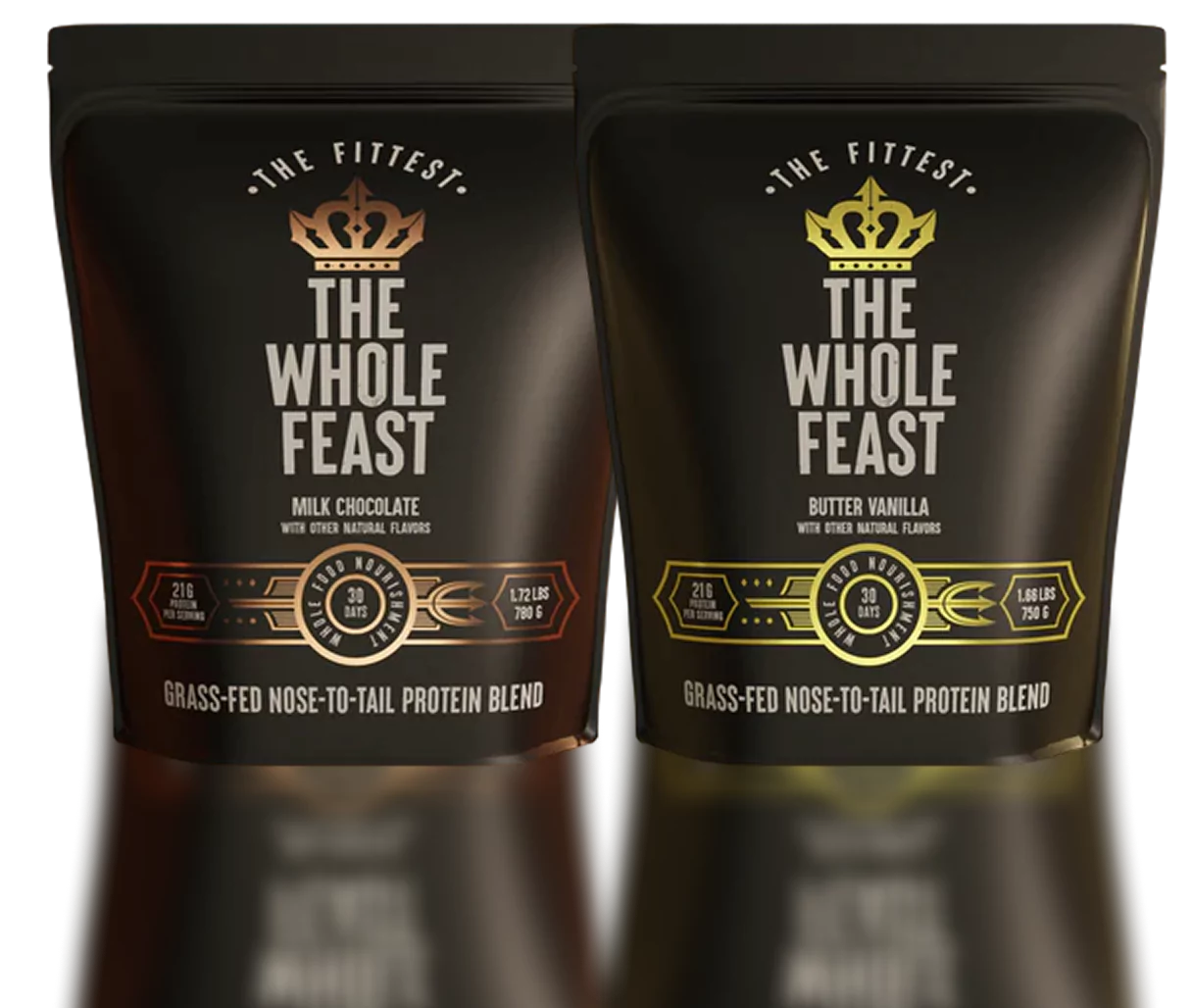 Two pouches of 'The Whole Feast' protein blend, milk chocolate and butter vanilla flavors.
