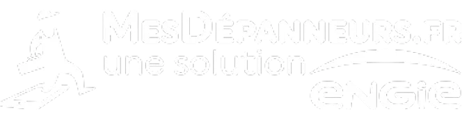 The white logo for MesDépanneurs.fr, une solution Engie, on a transparent background.
